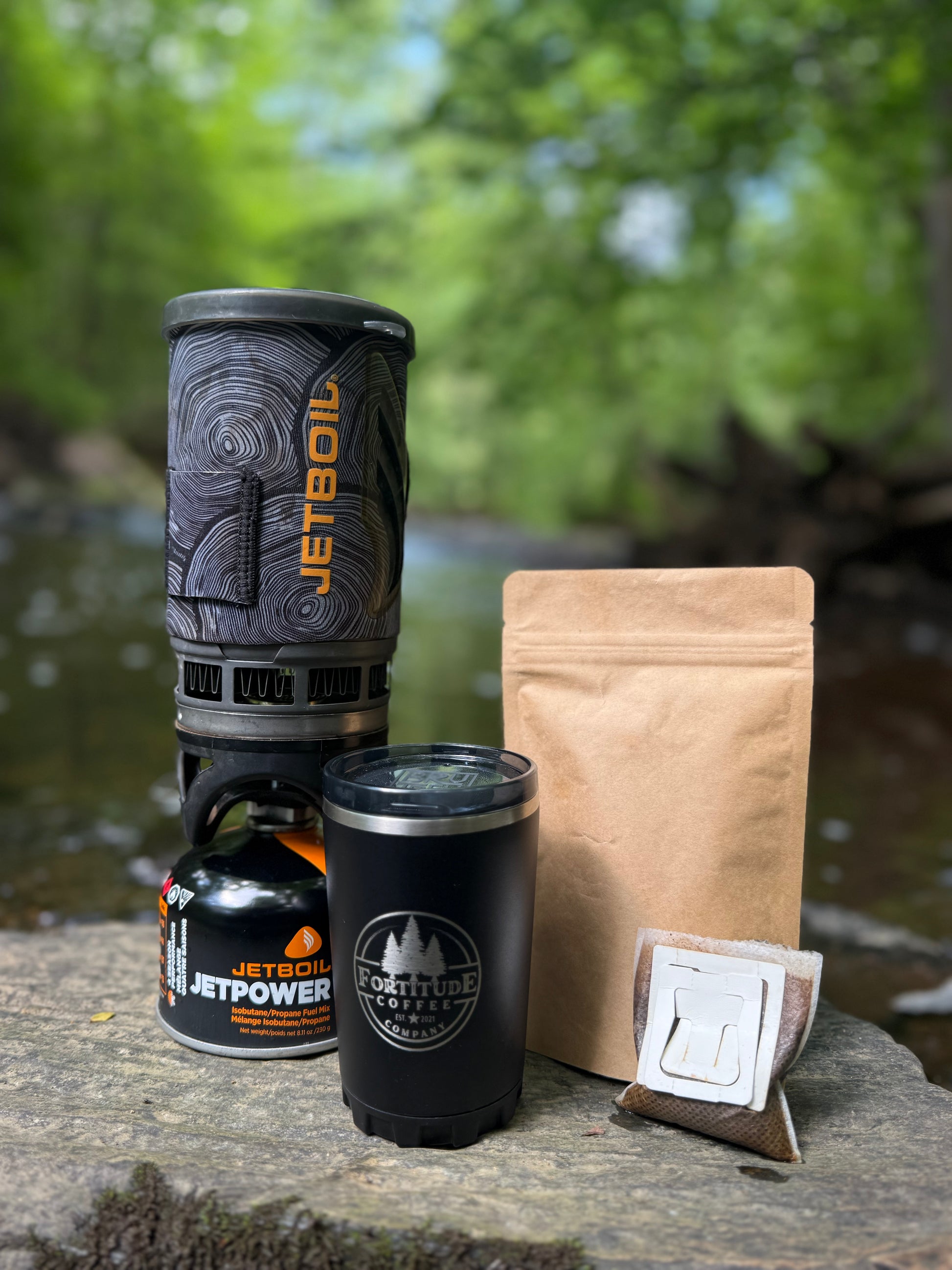 Fortitude 12oz Brutrek camp cup brew on trail with jetboil