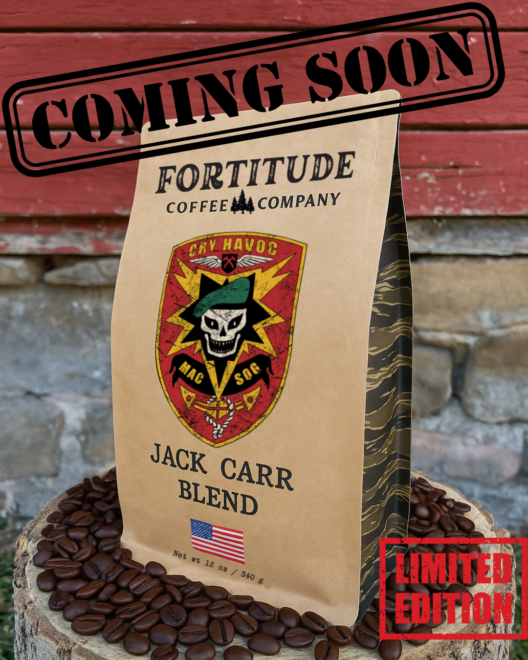 Cry Havoc Jack Carr Limited release coffee blend bag with TIGER CAMO sides