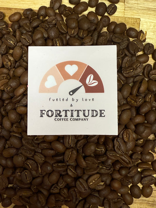 die cut sticker with love meter fueled on love and fortitude