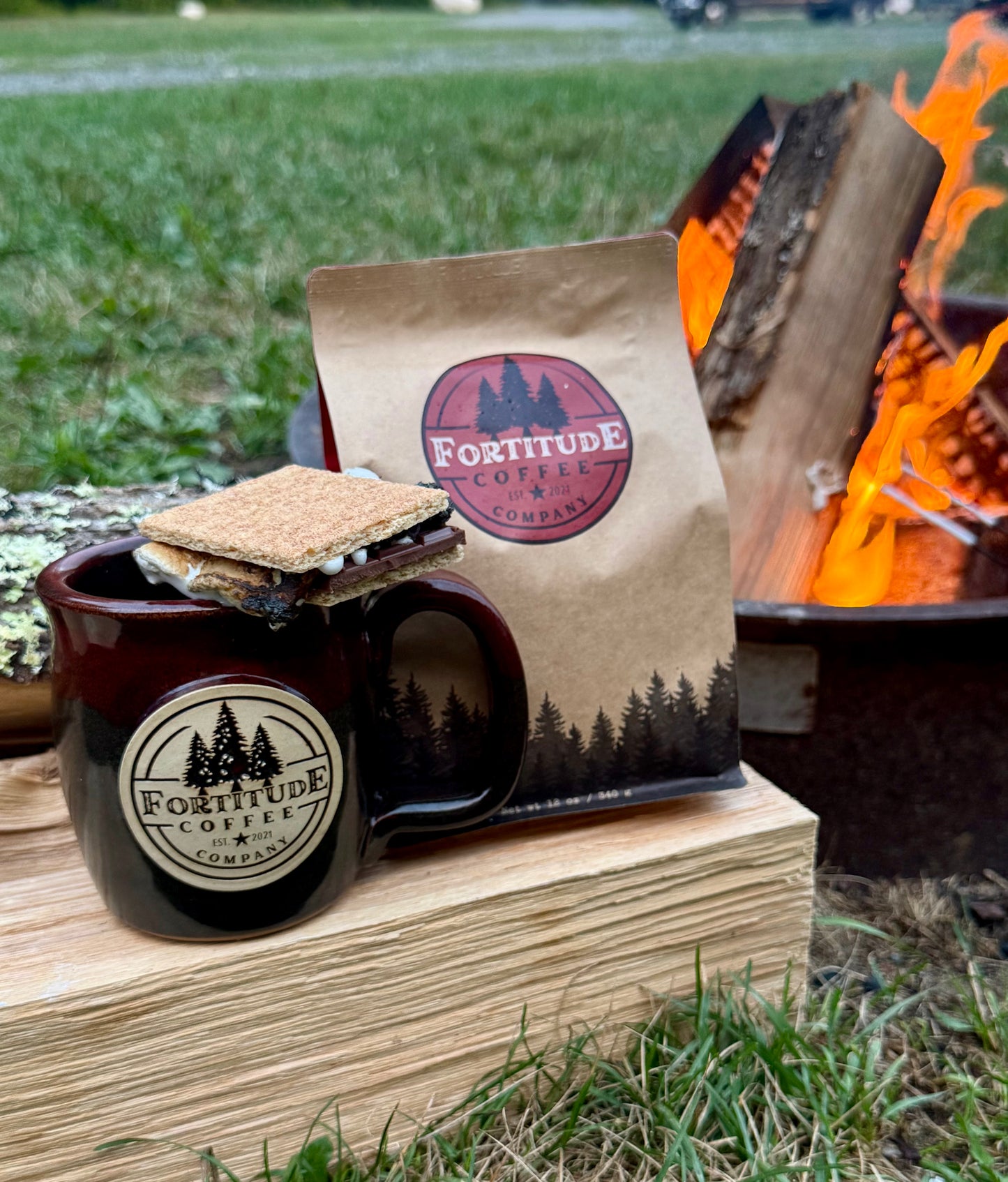 a delicious cup of coffee flavored like a s'more by the campfire