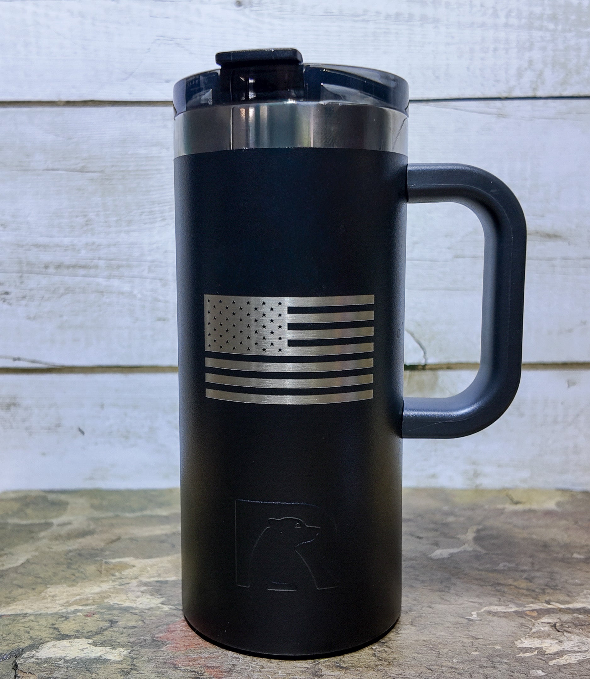 black back of rtic mug american flag